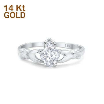 14K White Gold Irish Claddagh Heart Promise Ring Wedding Engagement Ring Round Simulated Cubic Zirconia